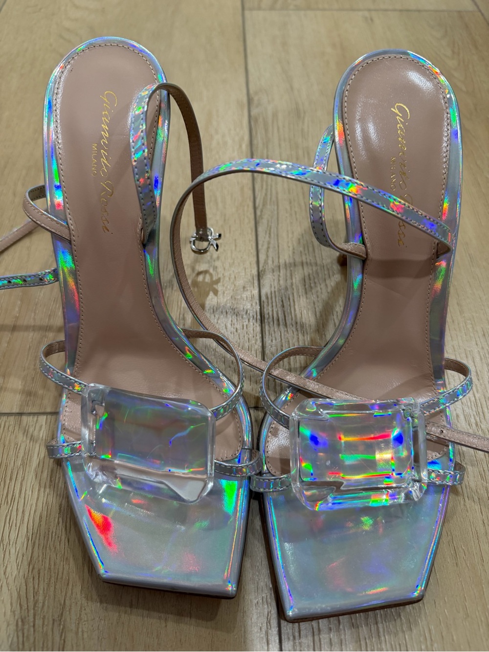 Gianvito Rossi Jaipur Crystal Buckle Holographic Silver Metallic Sandals EU 38
